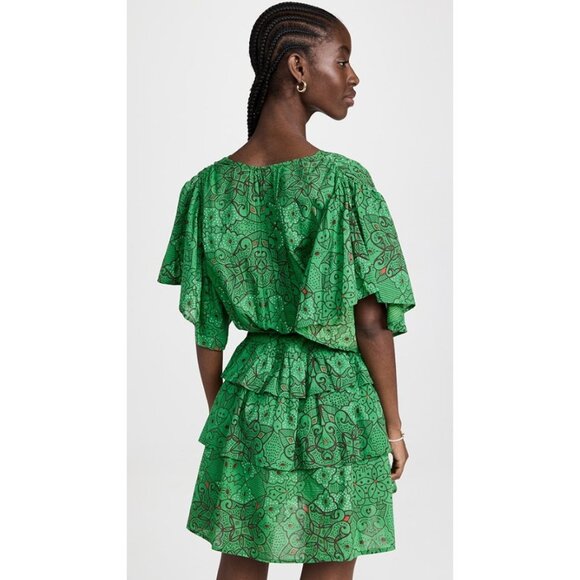 Ro's Garden Green Dulce Dress Tiered Butterfly Sleeve Ruffle Button Up V Neck XL - Picture 2 of 9